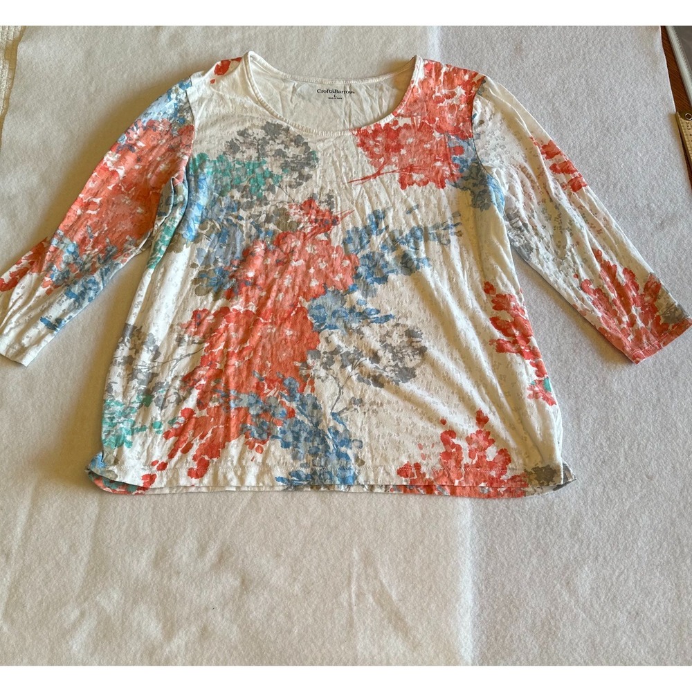 Croft & Barrow Top Womens Large White Coral Floral 3 4 Sleeve Scoop Neck Soft